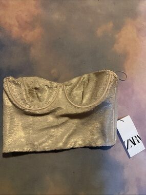 ZARA Gold Sequin Strapless Bustier Bandeau
